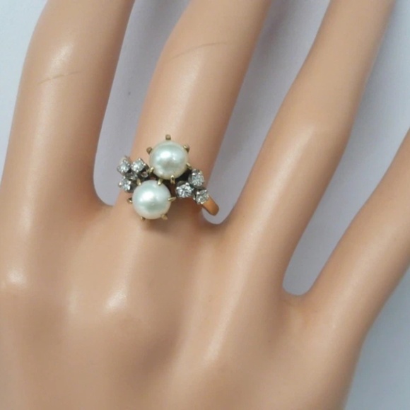 Estate 14K Akoya Pearls Diamond Ring Size 6 - Picture 6 of 12